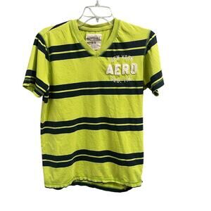 Aeropostale Y2K Mens Striped V-Neck Short Sleeve Tee Patch Logo VTG Preppy